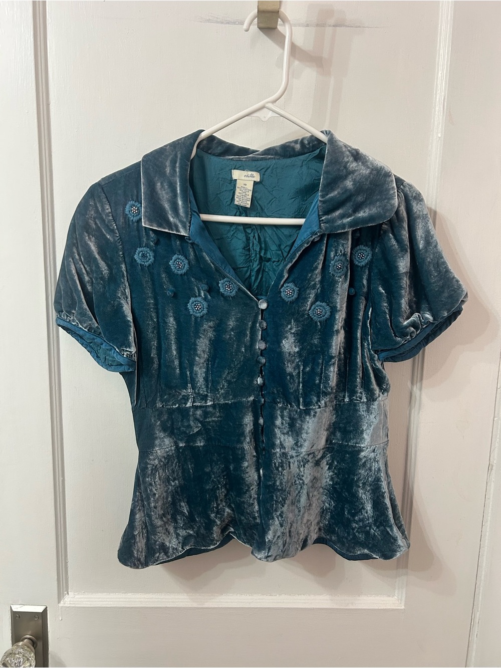 Odille Teal Velvet Button-Front Blouse